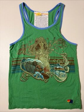 RARE VTG Aviator Nation Sea Goddess Mermaid Tank Top Kelly Green Blue Trim Small